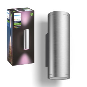 Philips Hue Appear Wandleuchte aus Edelstahl, smarte Außenbeleuchtung mit Farbwechsel.
