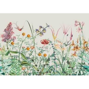 Fototapete Botanical Garden mit Blumen, Blättern und Vogelmotiven.