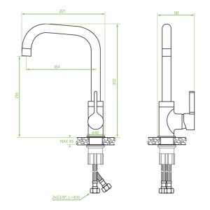 Technische Zeichnung KOLMAN Küchenarmatur LENA Schwarz mit L-Auslauf, Einhebelmischer & Maßen für Standmontage.