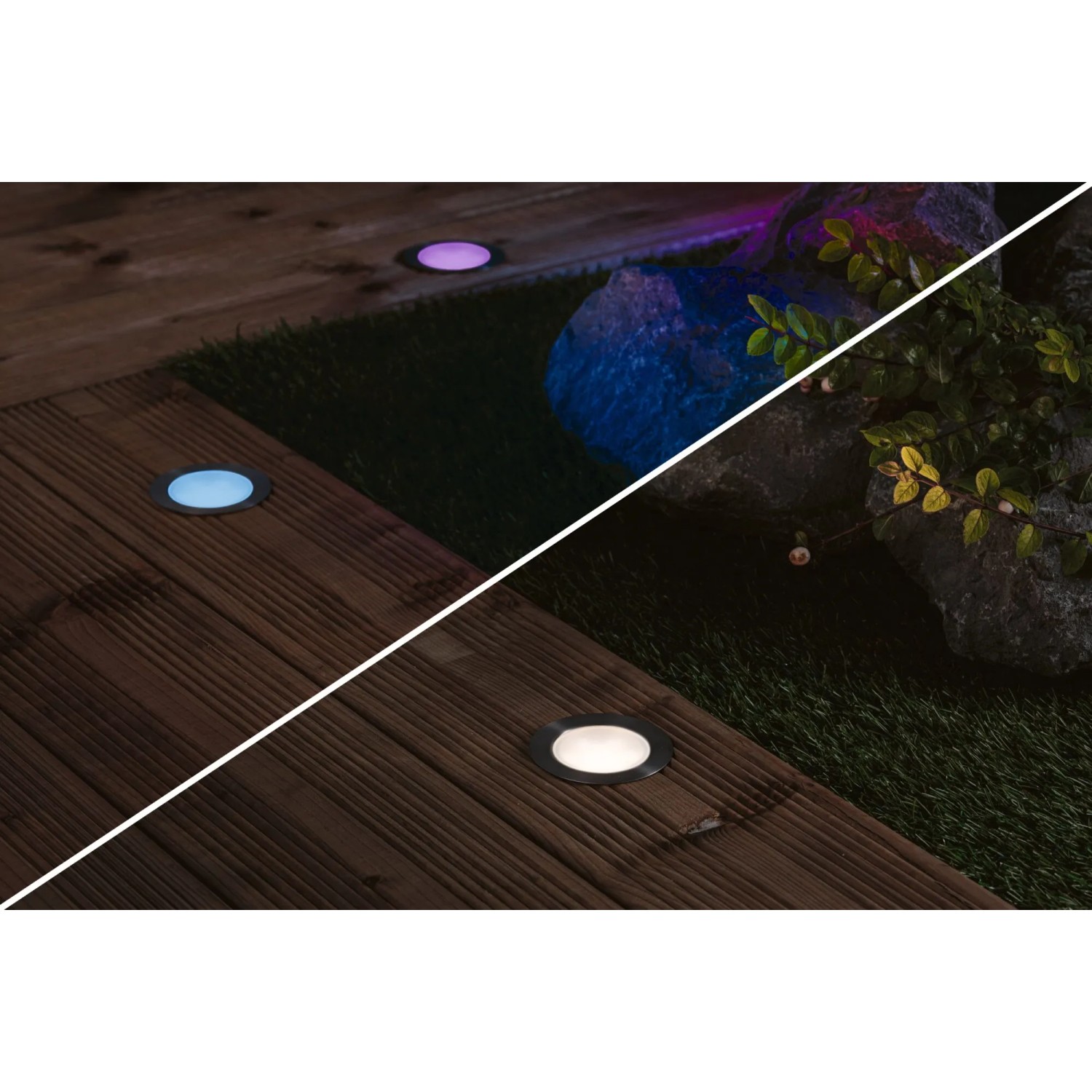 Paulmann Plug & Shine LED-Bodeneinbauleuchte RGBW auf Holzterrasse und Rasen mit farbiger Beleuchtung.