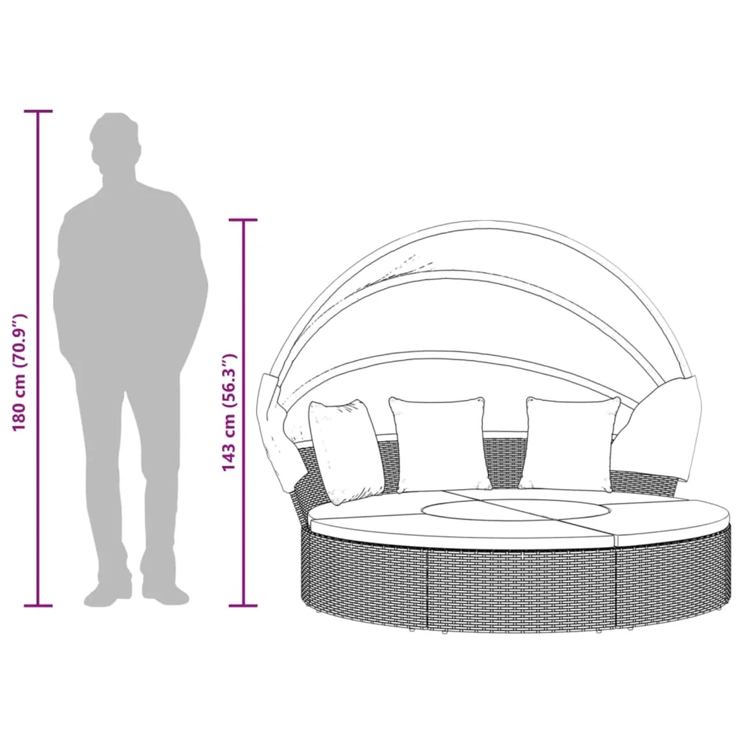Skizze eines schwarzen VidaXL Outdoor-Loungebett mit Dach und Kissen.