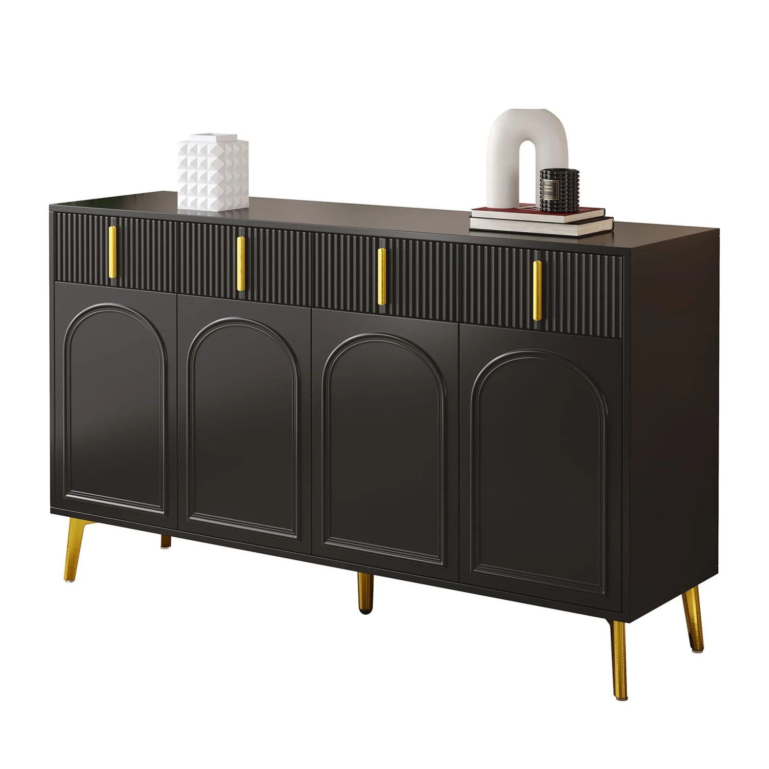 okwish Sideboard mit 4 Türen 4 Schubladen Goldgriffen Wohnzimmer Esszimmer 140x38x82cm Schwarz