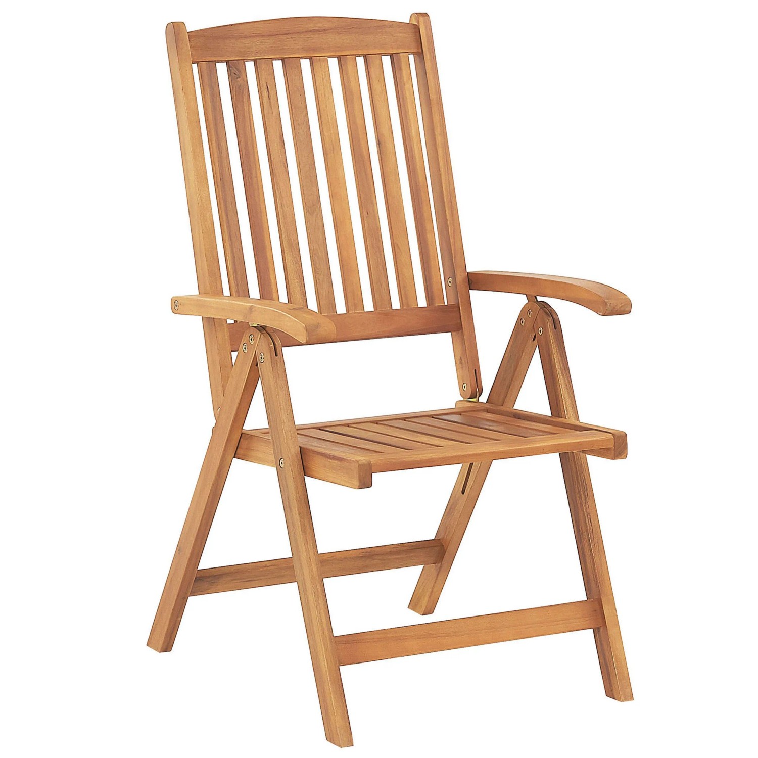 Beliani Gartenstuhl, helles Holz, blaues Kissen, klappbar, mit Armlehne und verstellbarer Rückenlehne.