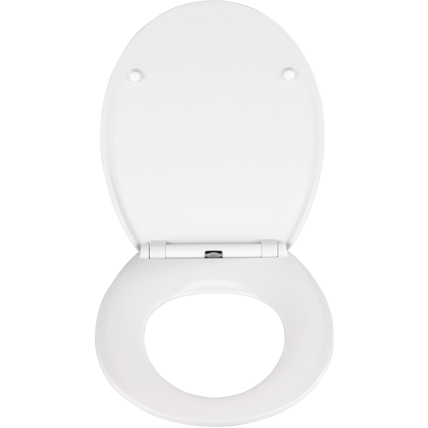 Weißer Wenko Premium WC-Sitz Mora aus Duroplast mit Absenkautomatik, geöffnet.