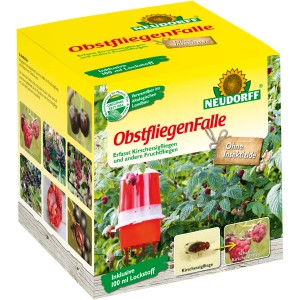 Neudorff Obstfliegenfalle: Gelbe Verpackung mit roter Falle und Abbildungen von Früchten.