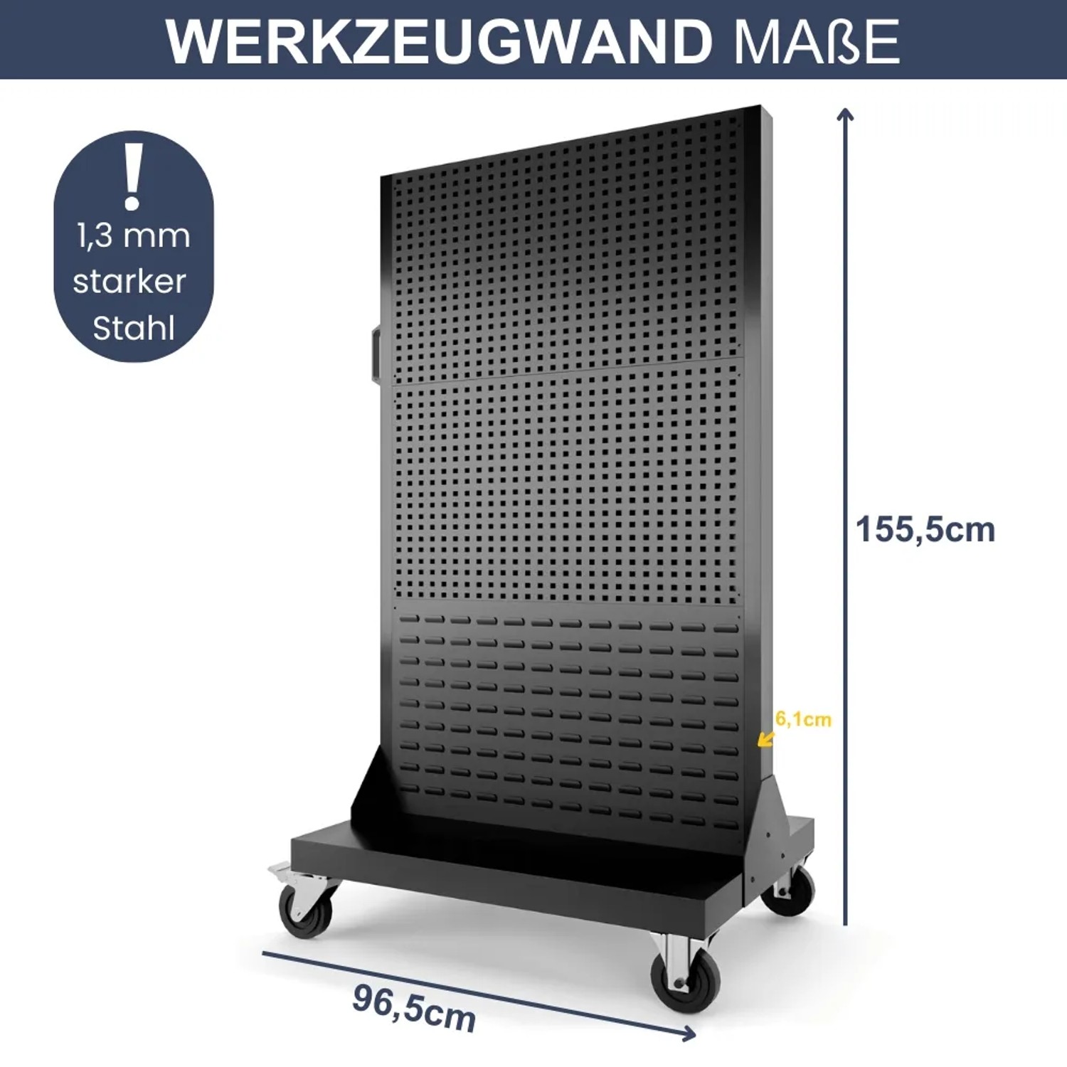 Mobile, schwarze DELUKE Werkzeugwand mit Lochwand, 155,5 cm hoch, für Werkstatt und Garage.
