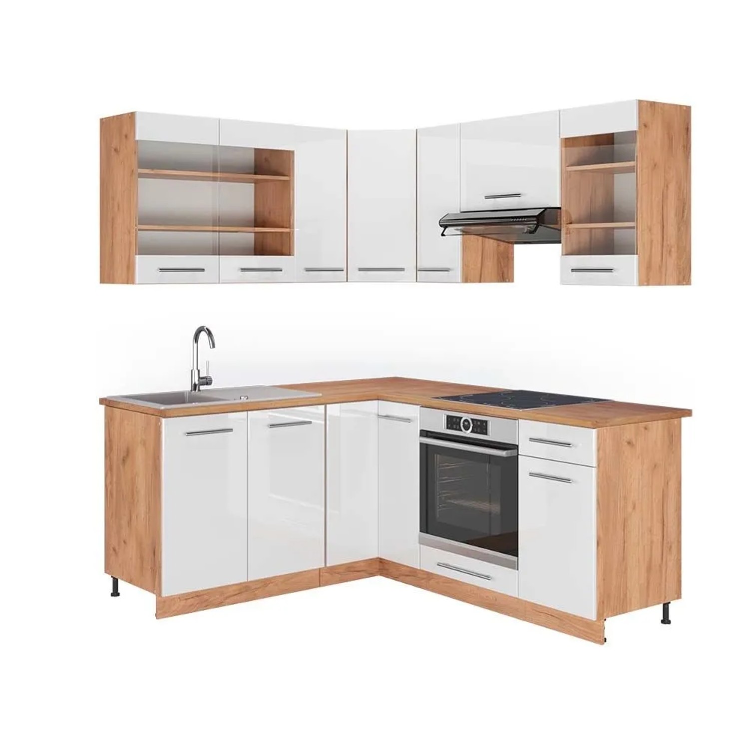 Vicco Eckküche Fame-Line Weiß Hochglanz/Goldkraft Eiche 190 x 82, AP Eiche
