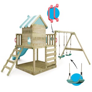 Wickey Spielturm Smart Candy mit Rutsche, Schaukel und Kletterwand in Pastellblau.