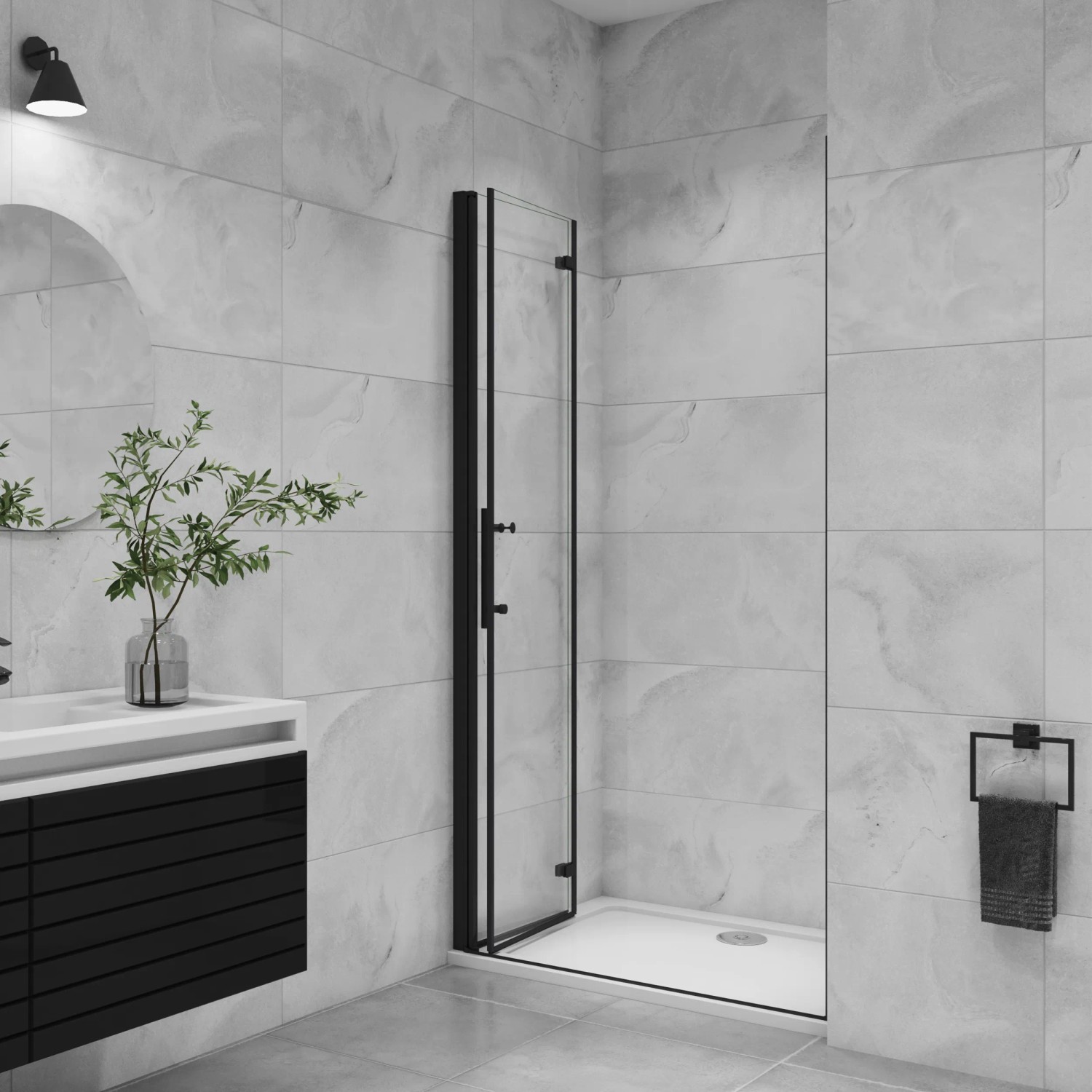 Schwarze AICA Falttür Dusche mit ESG Glas, 95x195cm, in modernem Badezimmer.