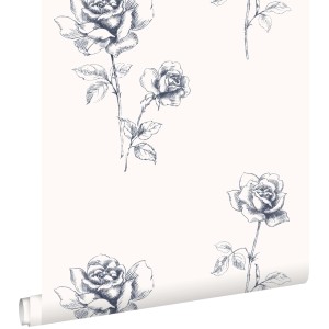 ESTAhome Vliestapete mit Rosenmuster in Blau, 53cm breit.