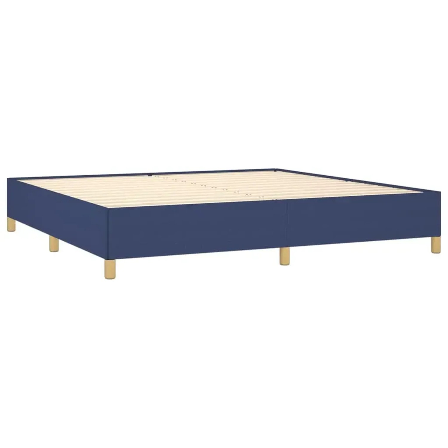 Blaues vidaXL Boxspringbett 200x200 cm mit Stoffbezug und Holzfüßen.