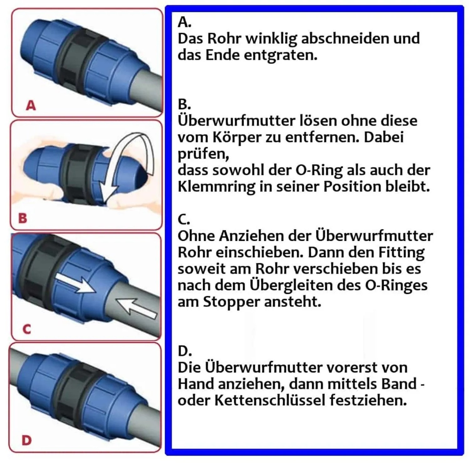 Montageanleitung: Cepex Klemmhülse für 16 mm PP-PE-Rohrverschraubung, Kunststoff.