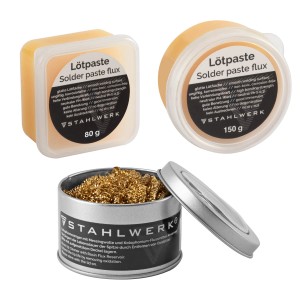 STAHLWERK Lötzubehör Set: Lötpaste (80g, 150g) und Lötkolbenspitzen-Reiniger im Metalldose.