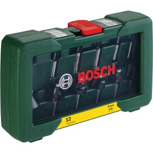Bosch HM-Fräser-Set Promoline, 12-teilig, im grünen Koffer mit rotem Verschluss.