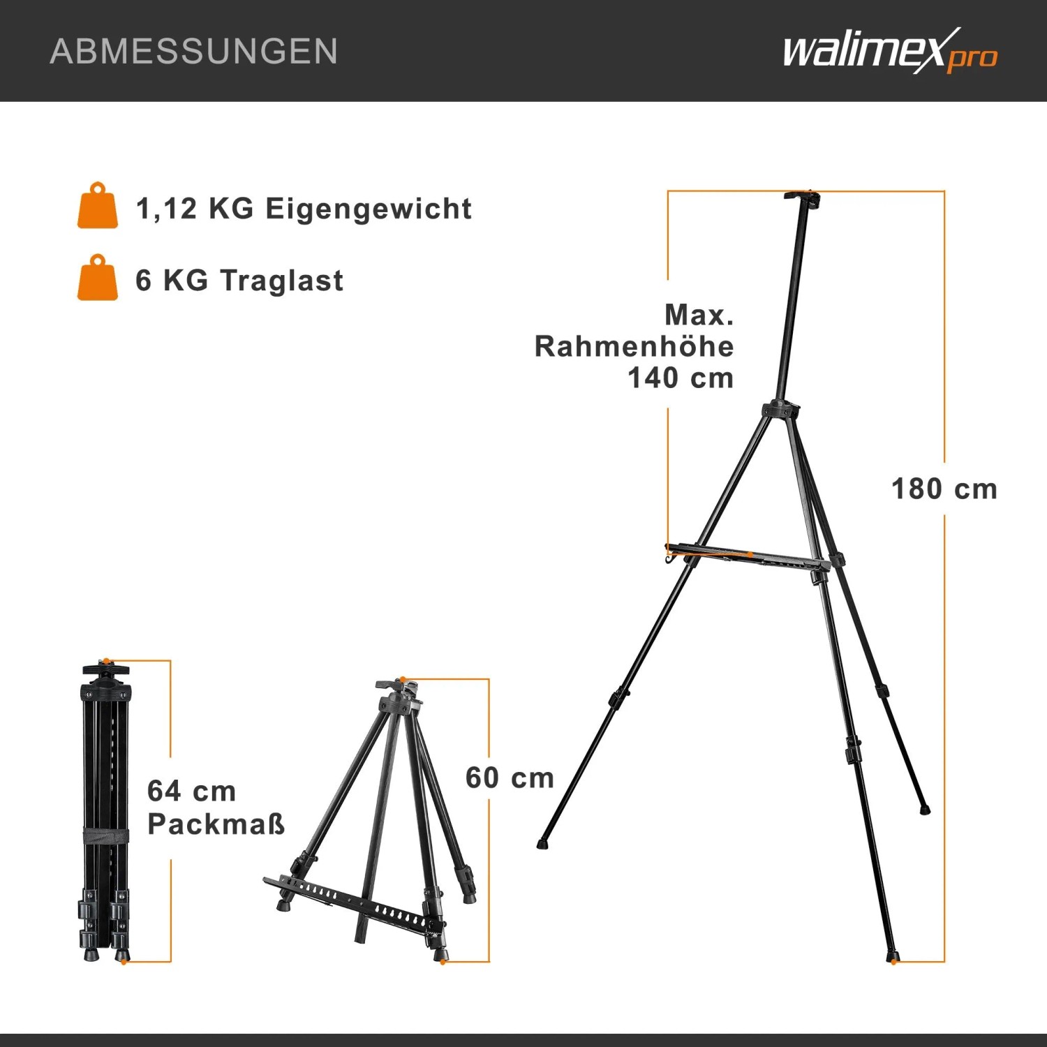 Walimex Pro Aluminium Feldstaffelei, 180 cm hoch, für Leinwände bis 140 cm. 1,12 kg Eigengewicht, 6 kg Traglast. Packmaß 64 cm.