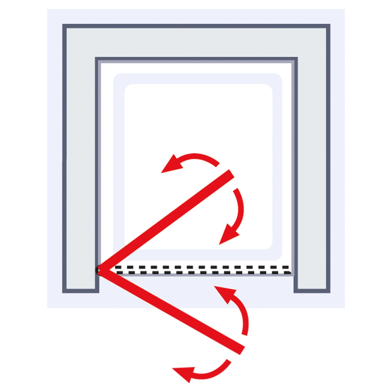 Grafik: Schulte Drehtür Toura, pendelbar in Nische, Türanschlag links, Öffnungsrichtung mit Pfeilen dargestellt.