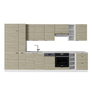 Vicco Fame-Line Küchenzeile, 355 cm, Eiche Paneel/Weiß, Arbeitsplatte Marmor-Optik.