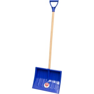 Blauer SONNECK Kinder Schneeschieber MAXI aus Kunststoff mit Holzstiel und D-Griff.