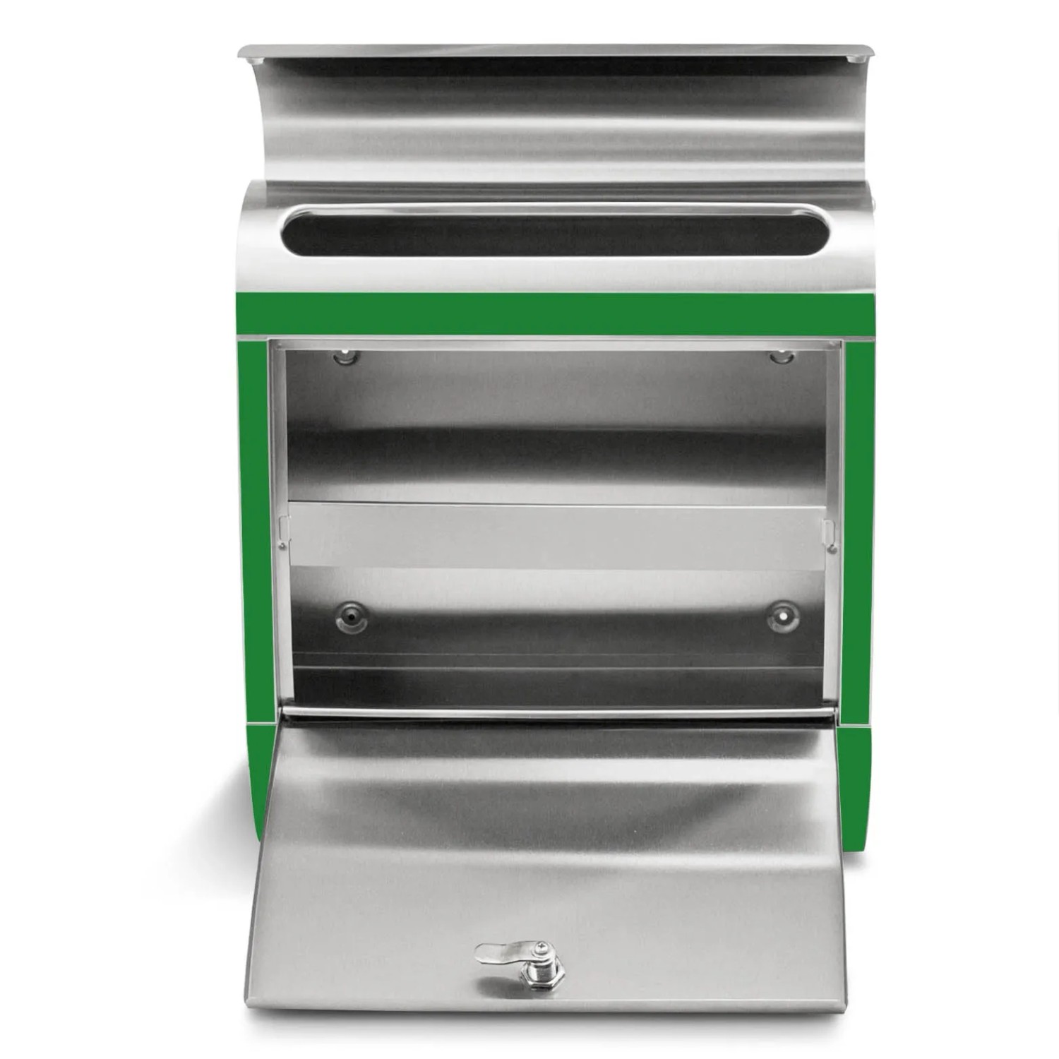 Offener Banjado Briefkasten aus Edelstahl mit grünem Motiv und Zeitungsfach.