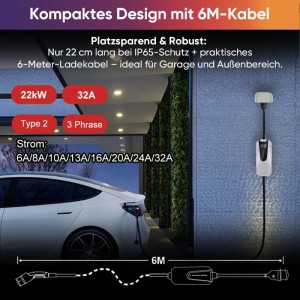 Junsun 22kW EV Ladestation mit Typ 2 Stecker, 32A, 6m Kabel und LCD-Display.