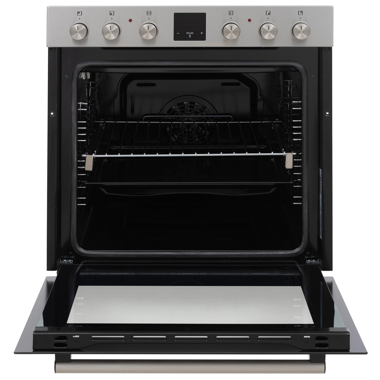 Telefunken Einbauherd-Set mit geöffneter Backofentür, Innenraum mit Rost und Blech sichtbar.