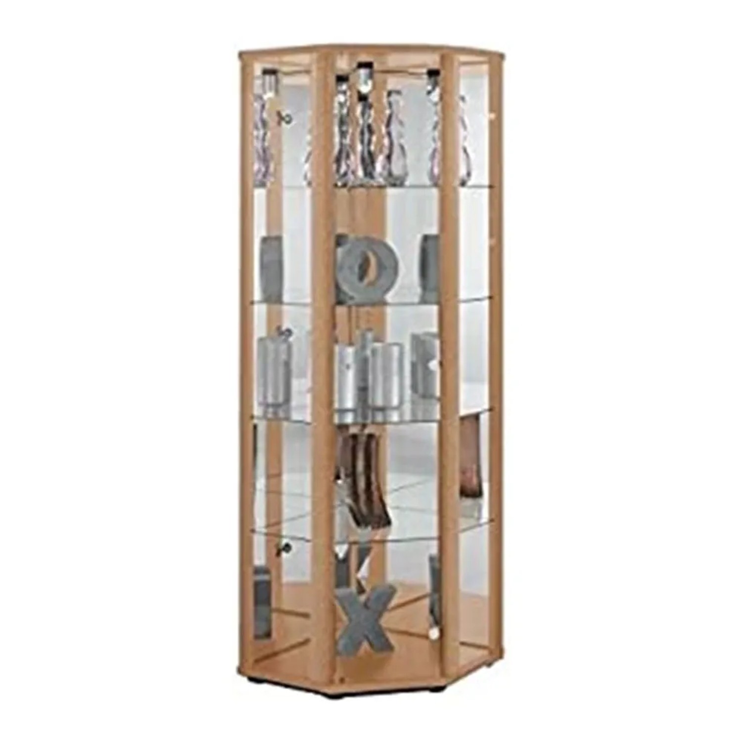 K-Möbel Eckvitrine Glas Stehend 176x56,5x56,5 cm Made in Germany mit Schloss Spiegel & LED Buche