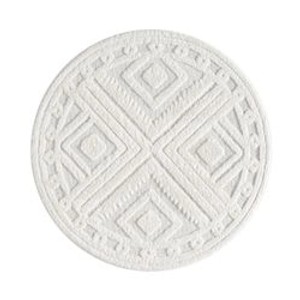 Runder, pastellcremefarbener Hochflor Teppich Nara mit Rautenmuster, 120x120 cm.