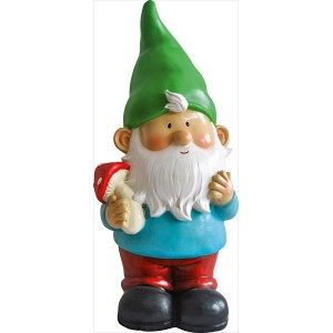 Stehender Gartenzwerg, 33 cm, mit grünem Hut und Pilz, als Dekoration für den Garten.