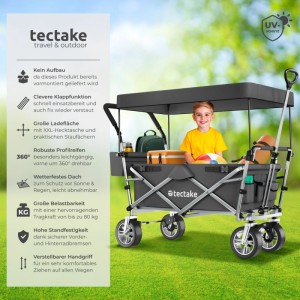 Tectake Bollerwagen Nico Faltbar  Mit Dach Mit Kunststoffrädern  100 x 55 50 x 98 cm Grau