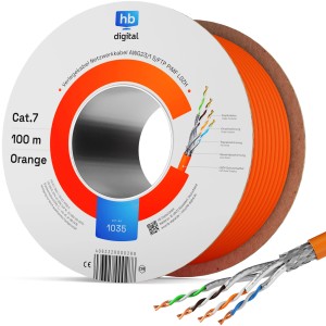 Orangefarbenes CAT 7 Netzwerkkabel (100m) von hb-digital auf einer Spule.