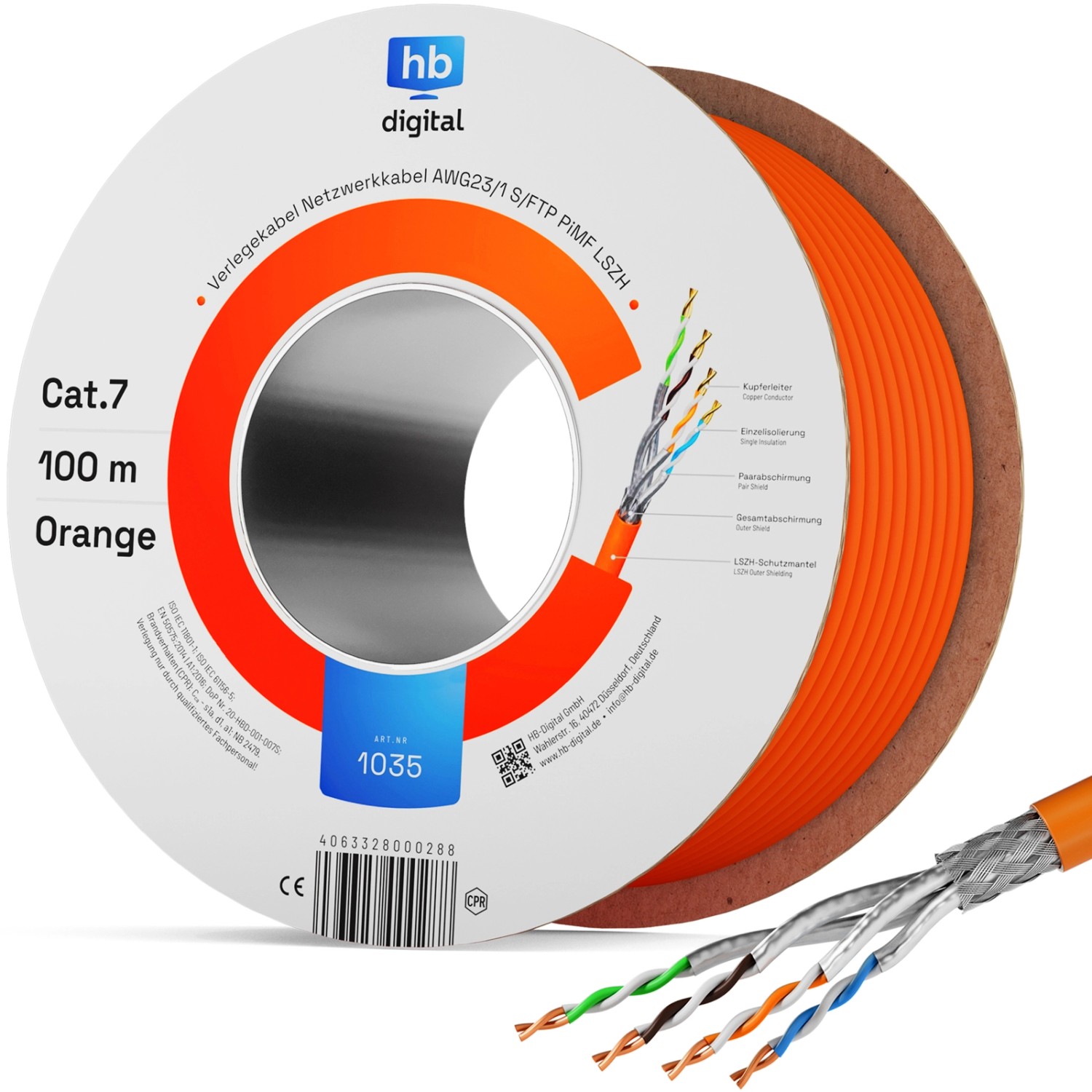 Thumbnail - hb-digital CAT 7 Kabel Netzwerkkabel max. 1000 MHz S/FTP AWG23 LSZH 100m orange