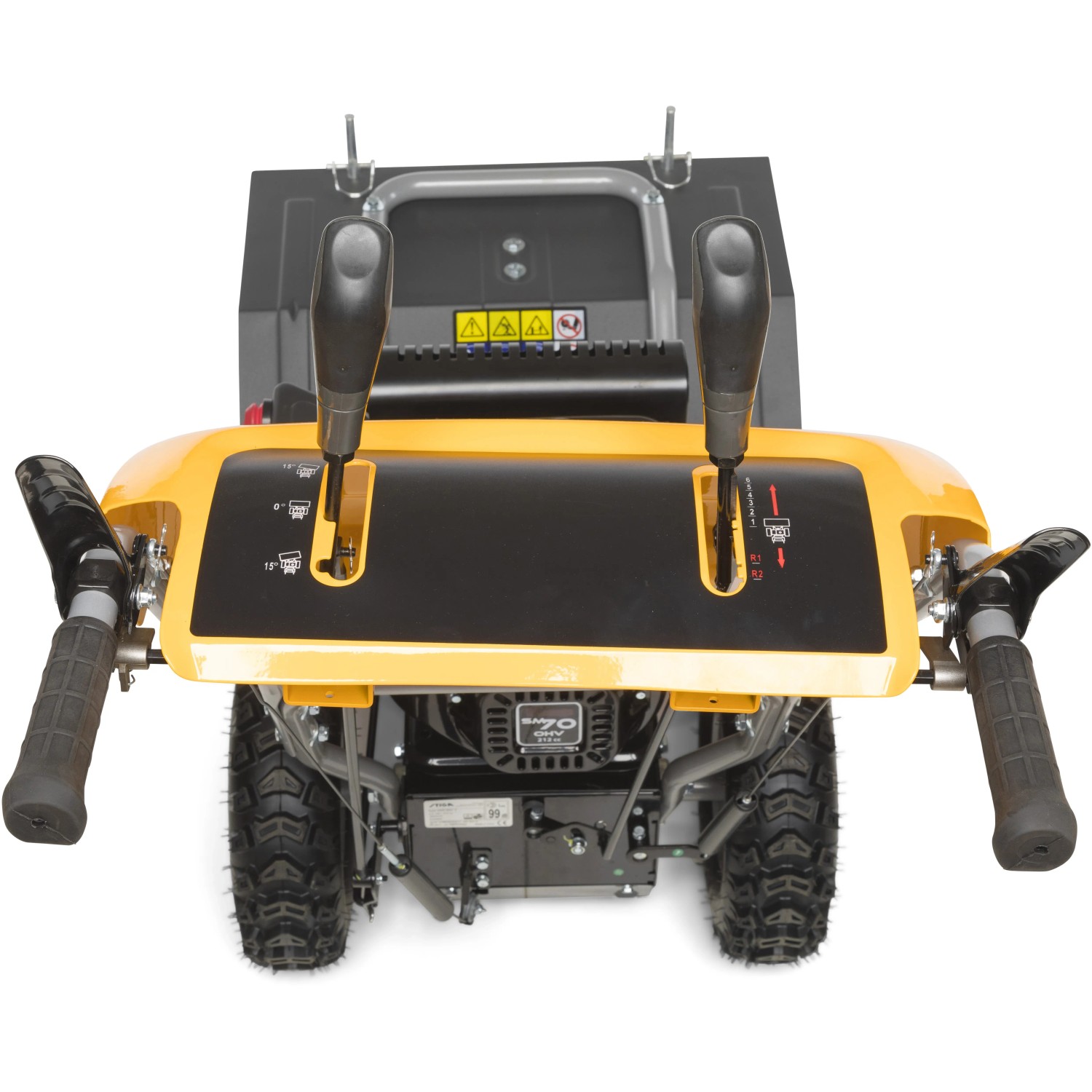 Stiga Kehrmaschine SWS 800 G: Detailansicht der Bedienelemente und des Motors.