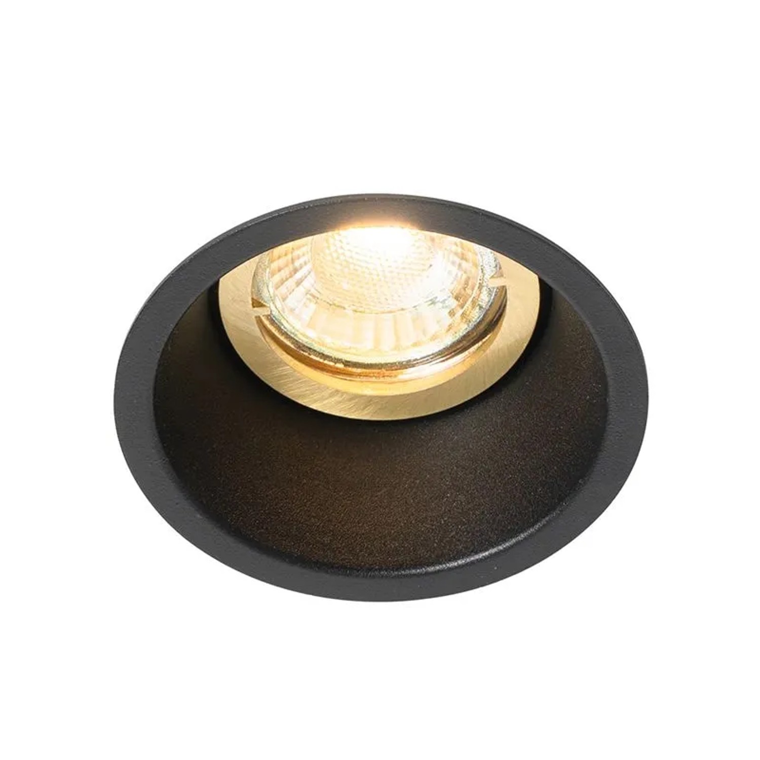 Schwarzer QAZQA Einbaustrahler mit goldenem Innenring, dreh- und schwenkbar.