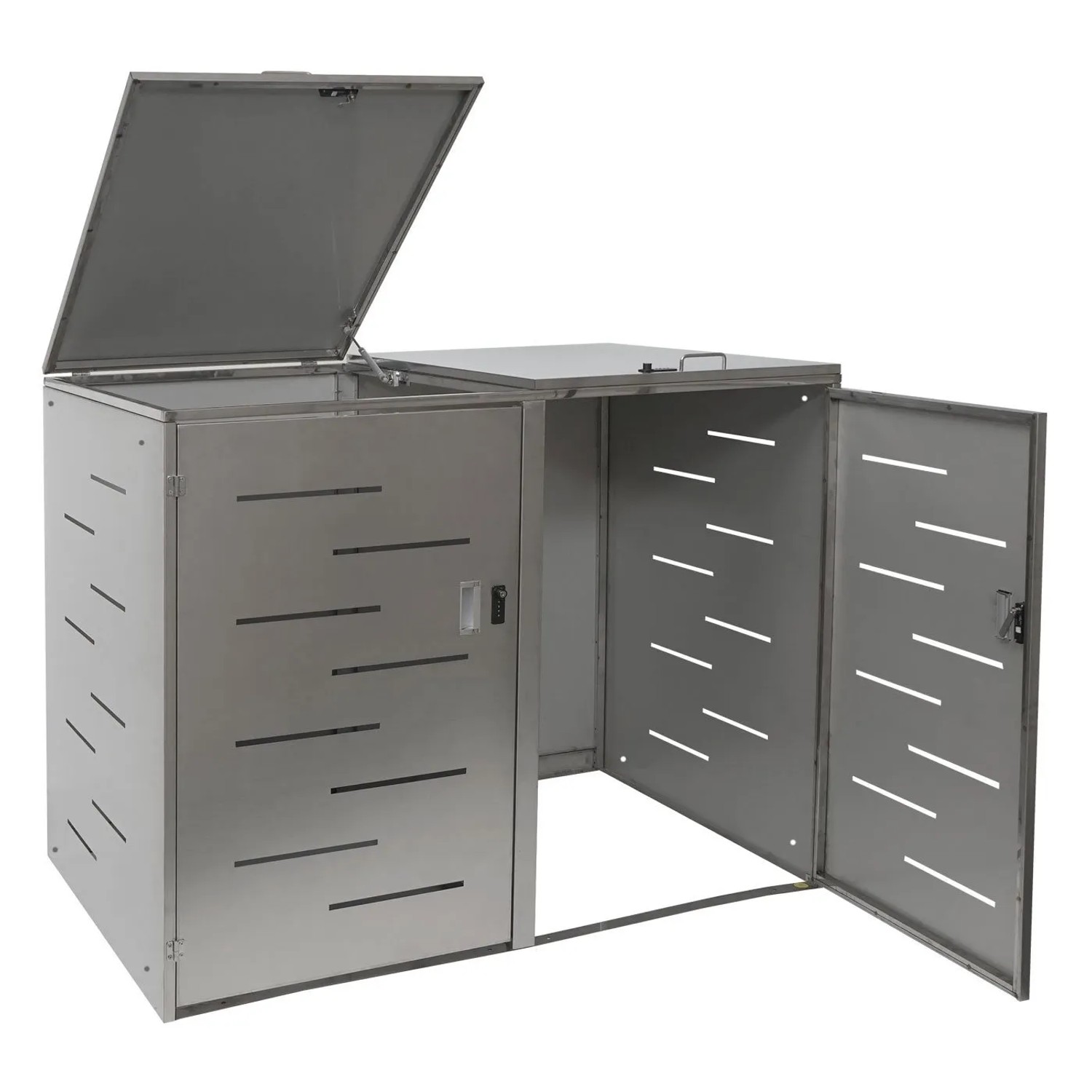 PROREGAL Mülltonnenbox XL aus Edelstahl für 2 Tonnen, silberfarben, mit geöffnetem Deckel und Tür, erweiterbar.