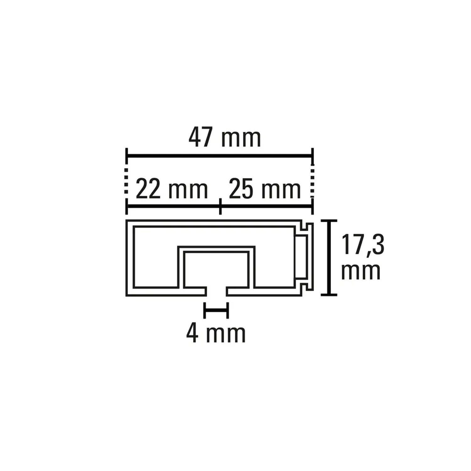 Querschnitt Gardinia Vorhangschiene GE1, weiß, mit Maßangaben (47x17,3 mm), 1-läufig.