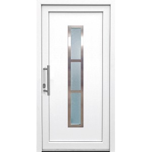 Weiße Kunststoff-Haustür, 100x200 cm, mit Glaseinsatz und Griff links.