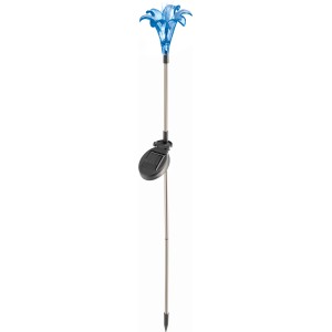 Blaue LED-Solarleuchte Dolce Lilie für den Garten, mit Erdspieß und Solarpanel.