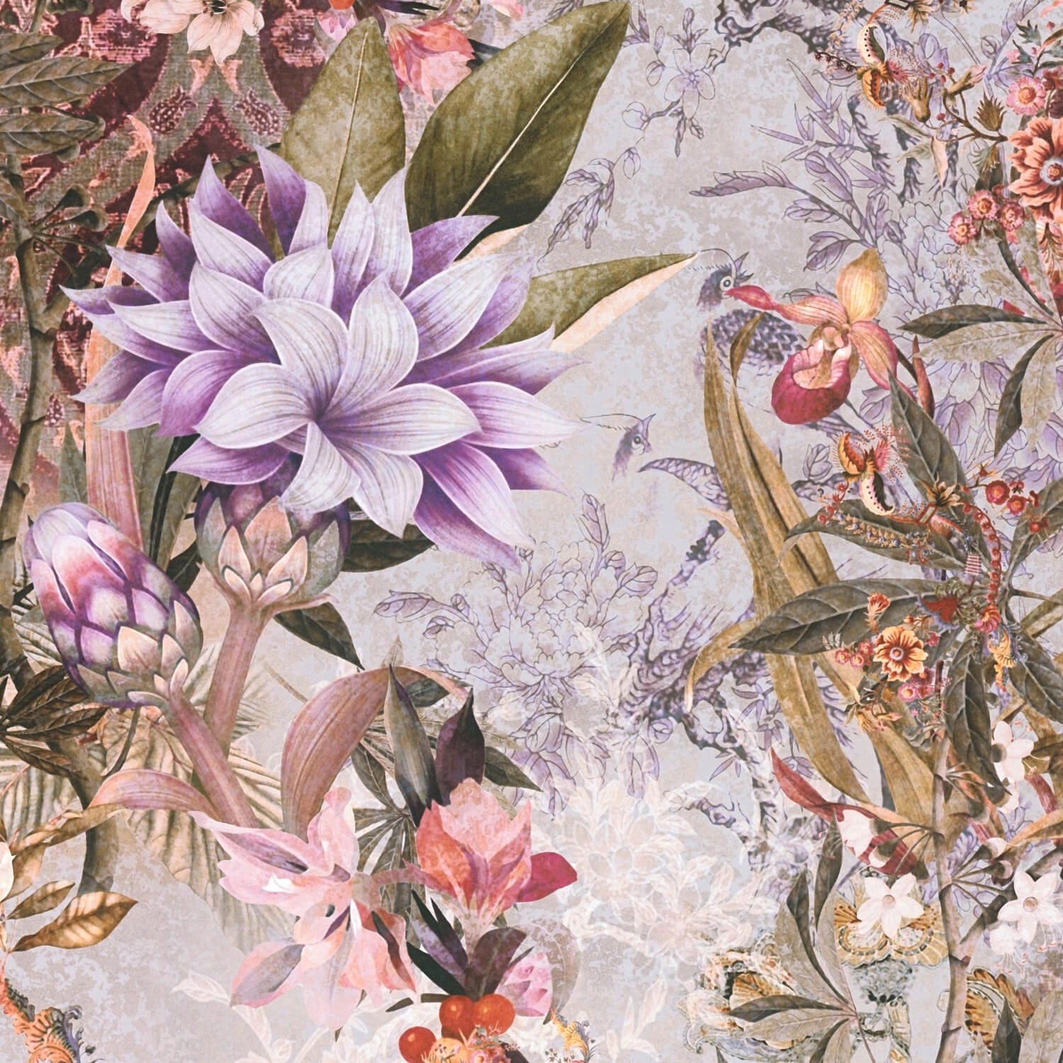 PROFHOME 381773-GU Blumen Tapete Floral Matt Lila Beige Oliv-Grün Orange 0, günstig online kaufen