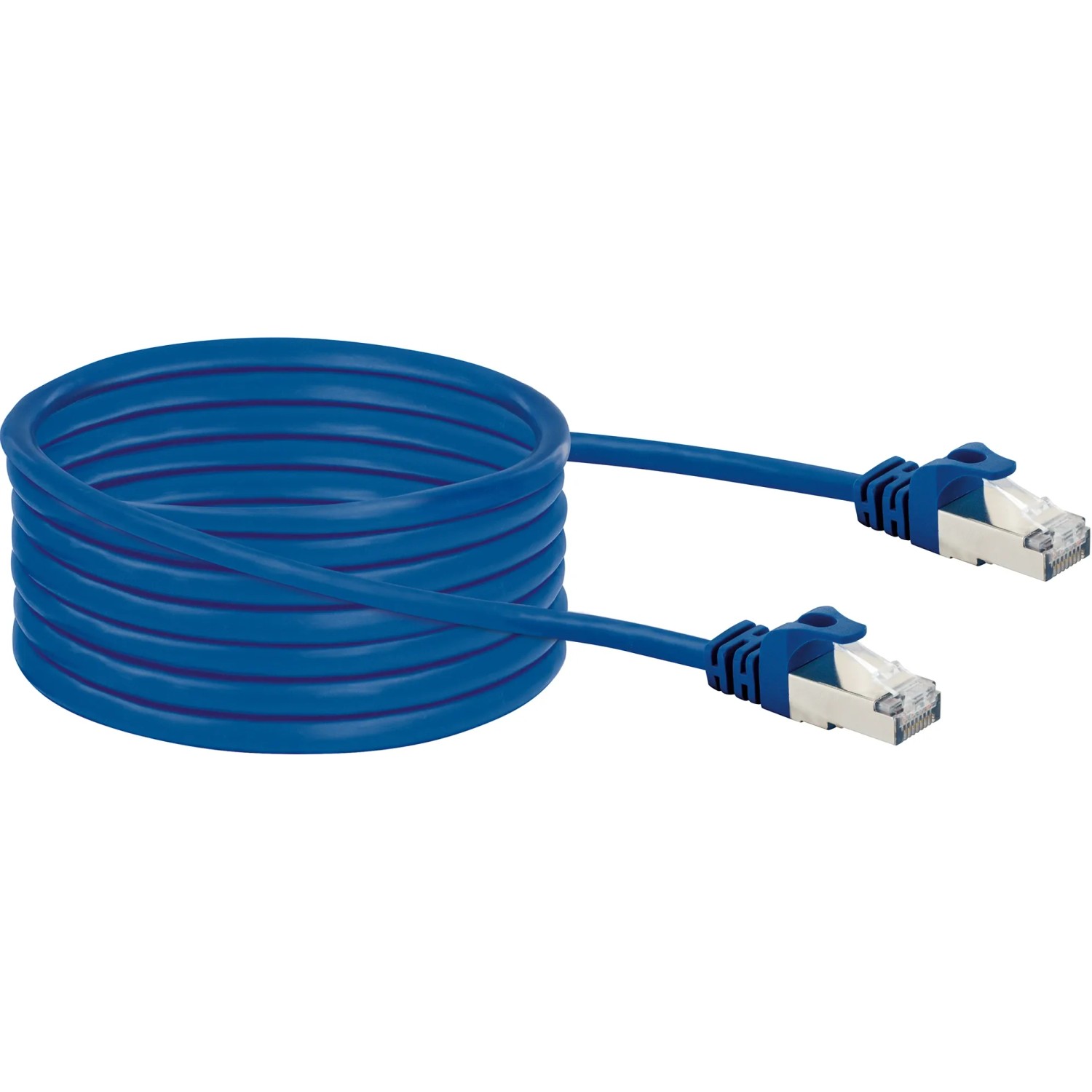 Blaues Schwaiger CAT 8 Netzwerkkabel, 5 m, mit RJ45 Stecker für schnelle Netzwerkverbindungen.