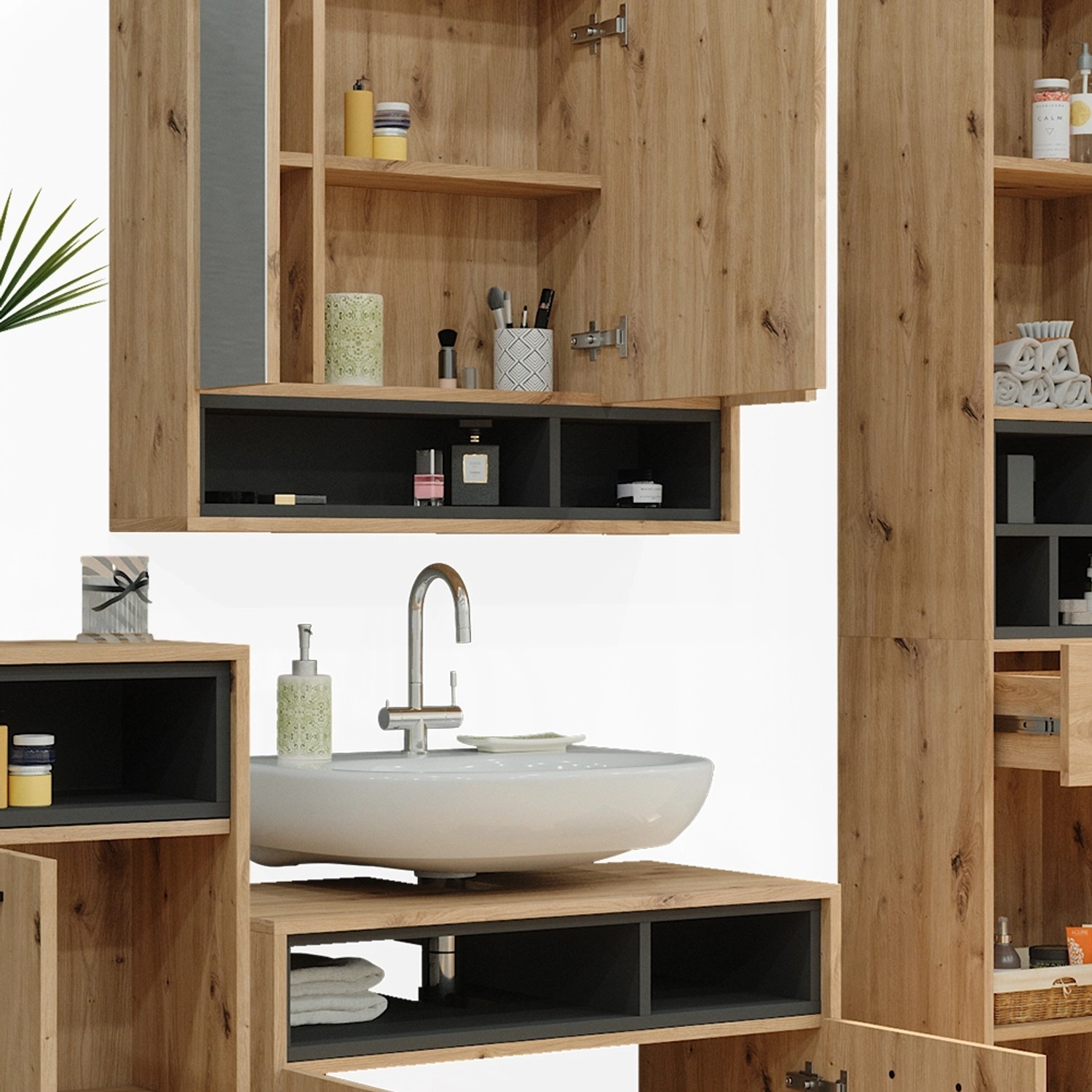 Vicco Badmöbel-Set Beatrice, 4-teilig, Eiche/Anthrazit mit Spiegel, Ober-, Unter- und Midischrank.