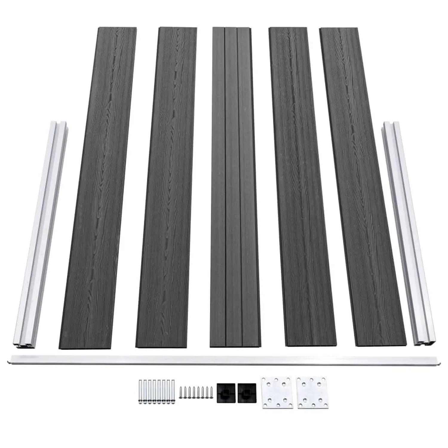 vidaXL Zaunelement Set WPC Schwarz, bestehend aus Zaunbrettern, Pfosten, Aluminiumstangen und Montagezubehör.