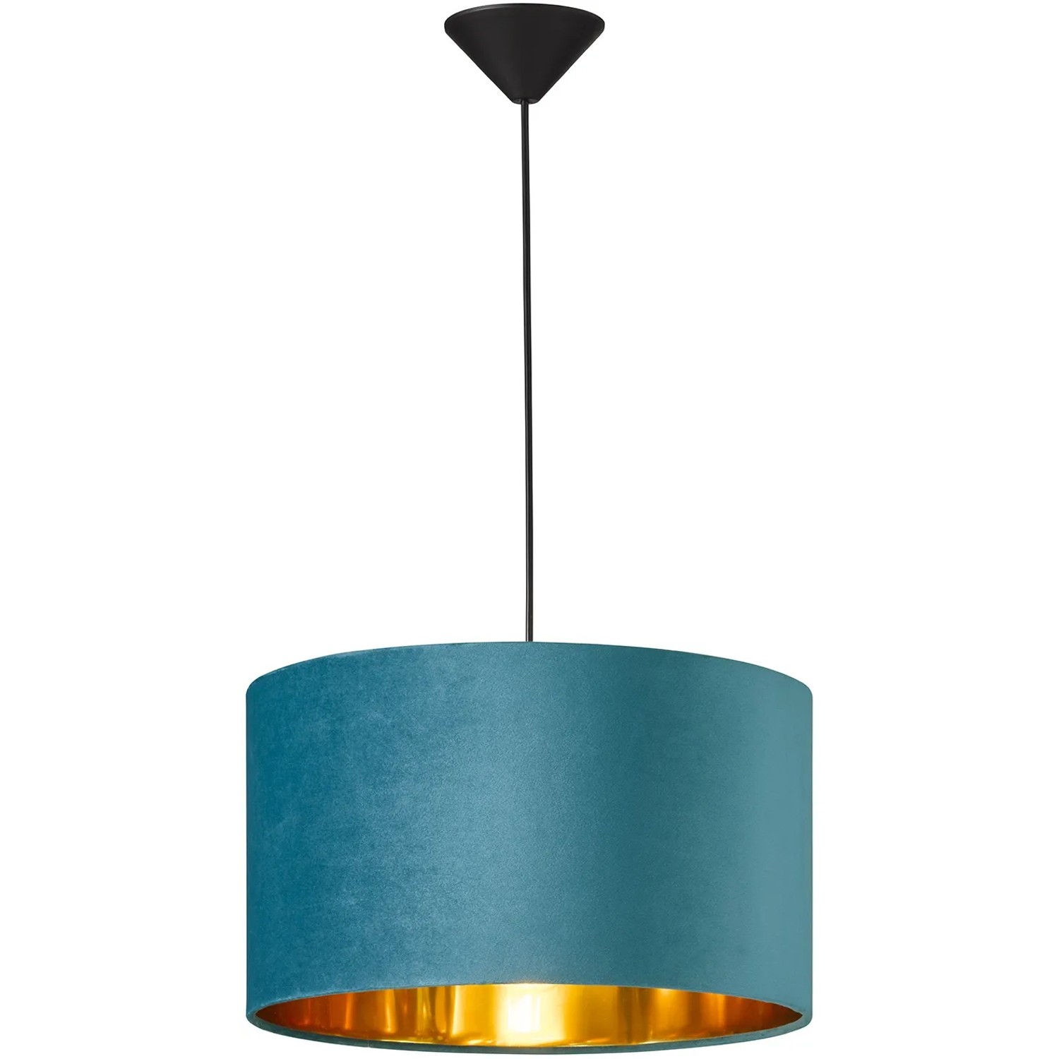 Fischer & Honsel Pendelleuchte Aura, türkis Samt, Ø 40 cm. Hängelampe mit goldenem Innenleben.