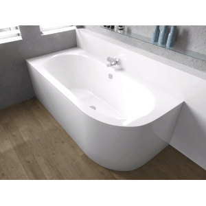 Weiße AVITA Eckbadewanne 180x80 links mit Acrylschürze. Modernes Acryl-Design für Ihr Bad.