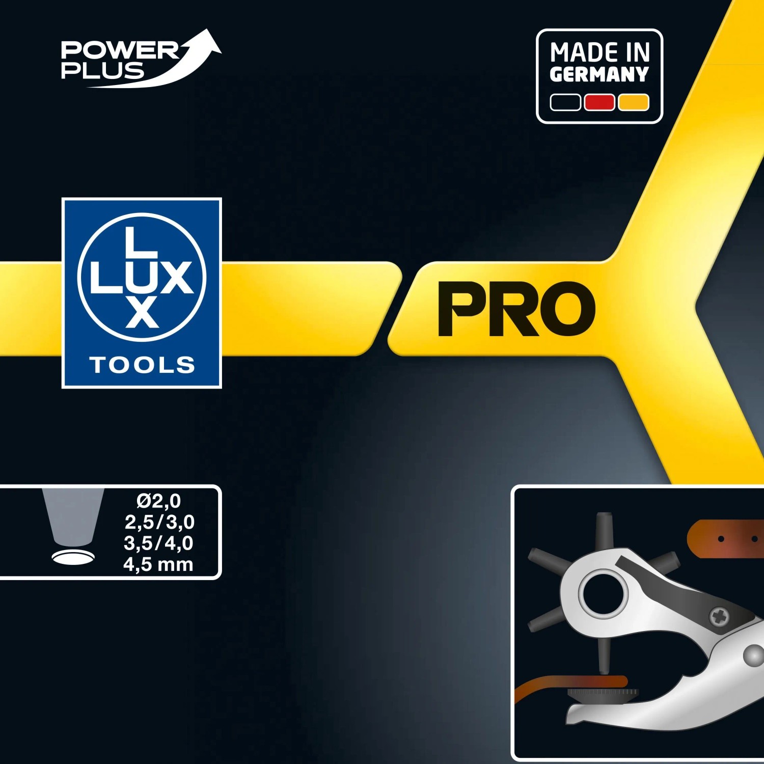 LUX-TOOLS PRO Revolverlochzange, 250 mm, mit Größenangabe und Anwendungsbeispiel.
