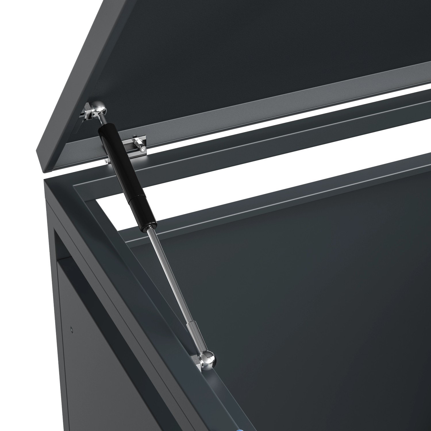 Detailaufnahme: Westmann Mülltonnenbox Lacina mit Gasdruckfeder für leichtes Öffnen.