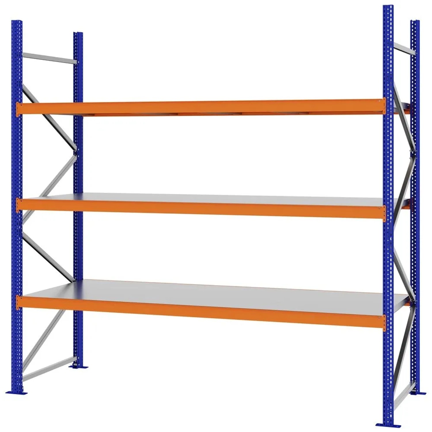 PROREGAL Weitspannregal Schraub-Stecksystem MAGNUS PRO Made In Germany Grundregal 250x250x80cm 3 Ebenen Stahlböden Fachlast 430kg Blau/Orange