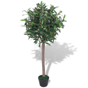 Künstlicher Lorbeerbaum, 120 cm hoch, mit grünen Blättern und roten Früchten im Topf.
