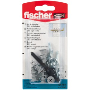 Fischer Gipskartondübel GK RH K Set mit Dübeln, Schrauben und Haken für Gipskartonplatten.