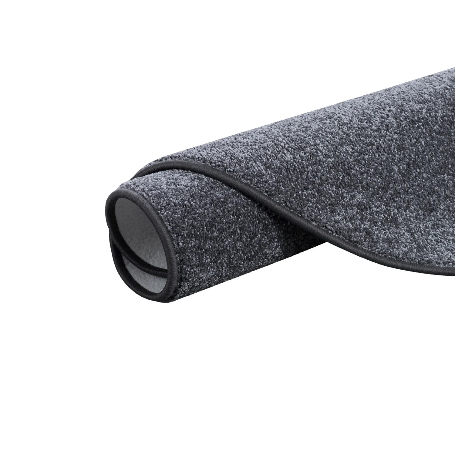 Gerollter, runder, anthrazitfarbener Snapstyle Luxus Teppich Shine mit weichem Velours.