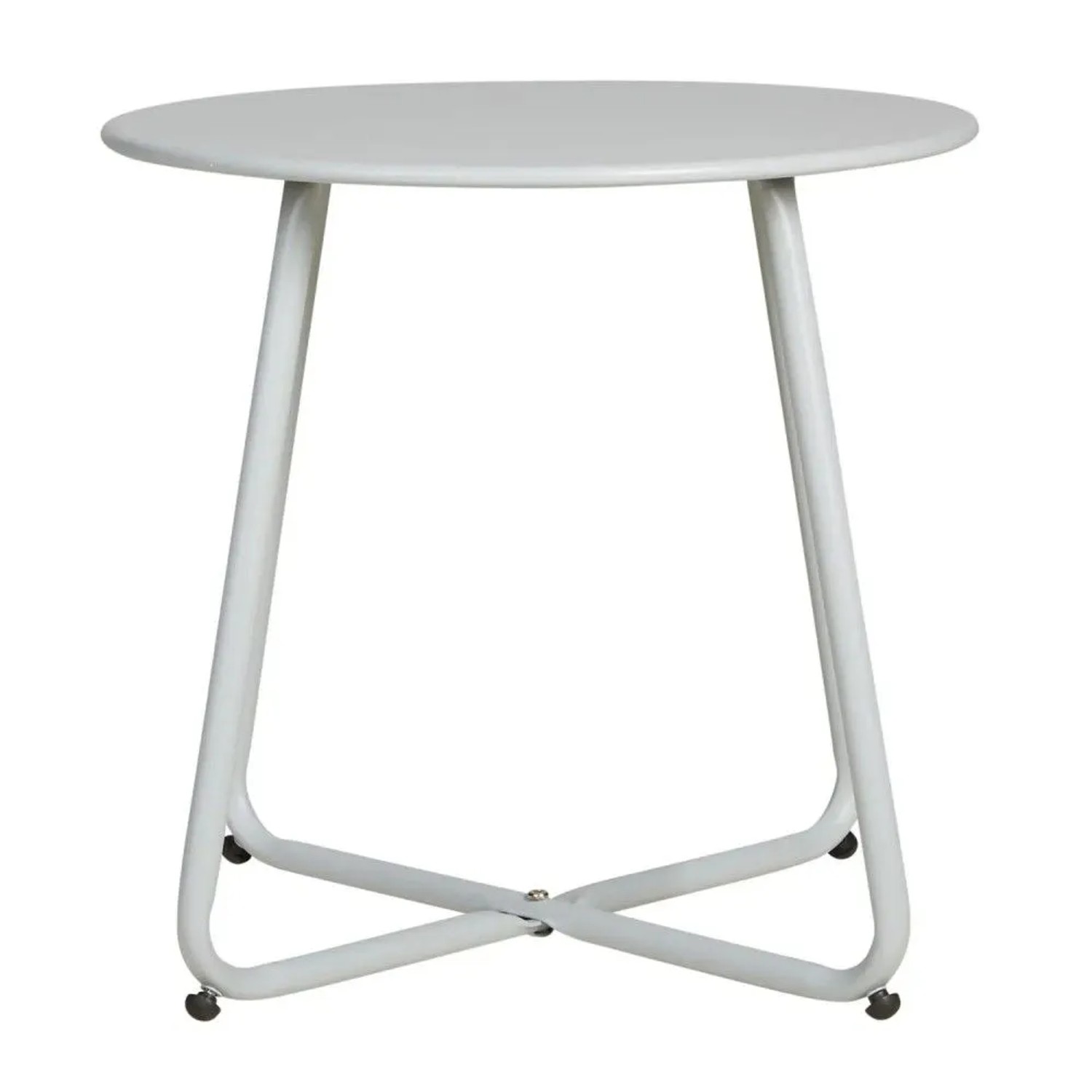 Runder grauer Homestyle4u Gartentisch Beistelltisch aus Metall, 45 cm, mit vier Beinen und X-förmigem Fuß.